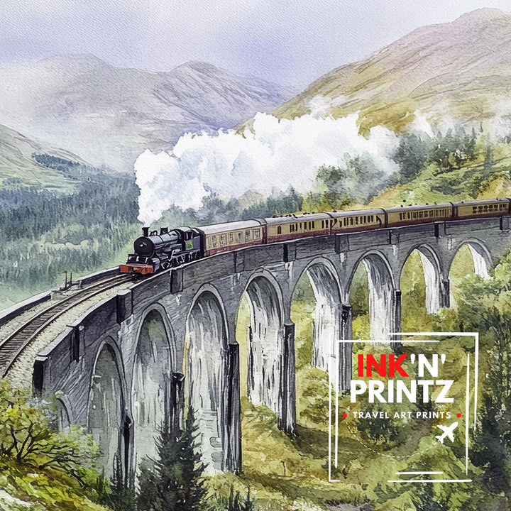 Glenfinnan Viaduct Watercolor Painting Scottish Highlands Art Print Harry Potter Bridge Decor Gift for Scotland Lovers