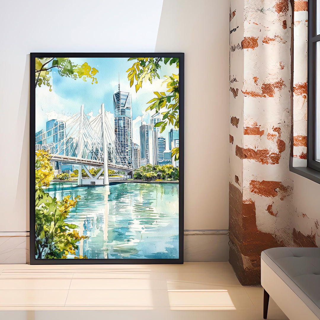 Brisbane River Watercolor Painting Australia Cityscape Art Print Story Bridge Queensland Decor Gift for Australia Lovers