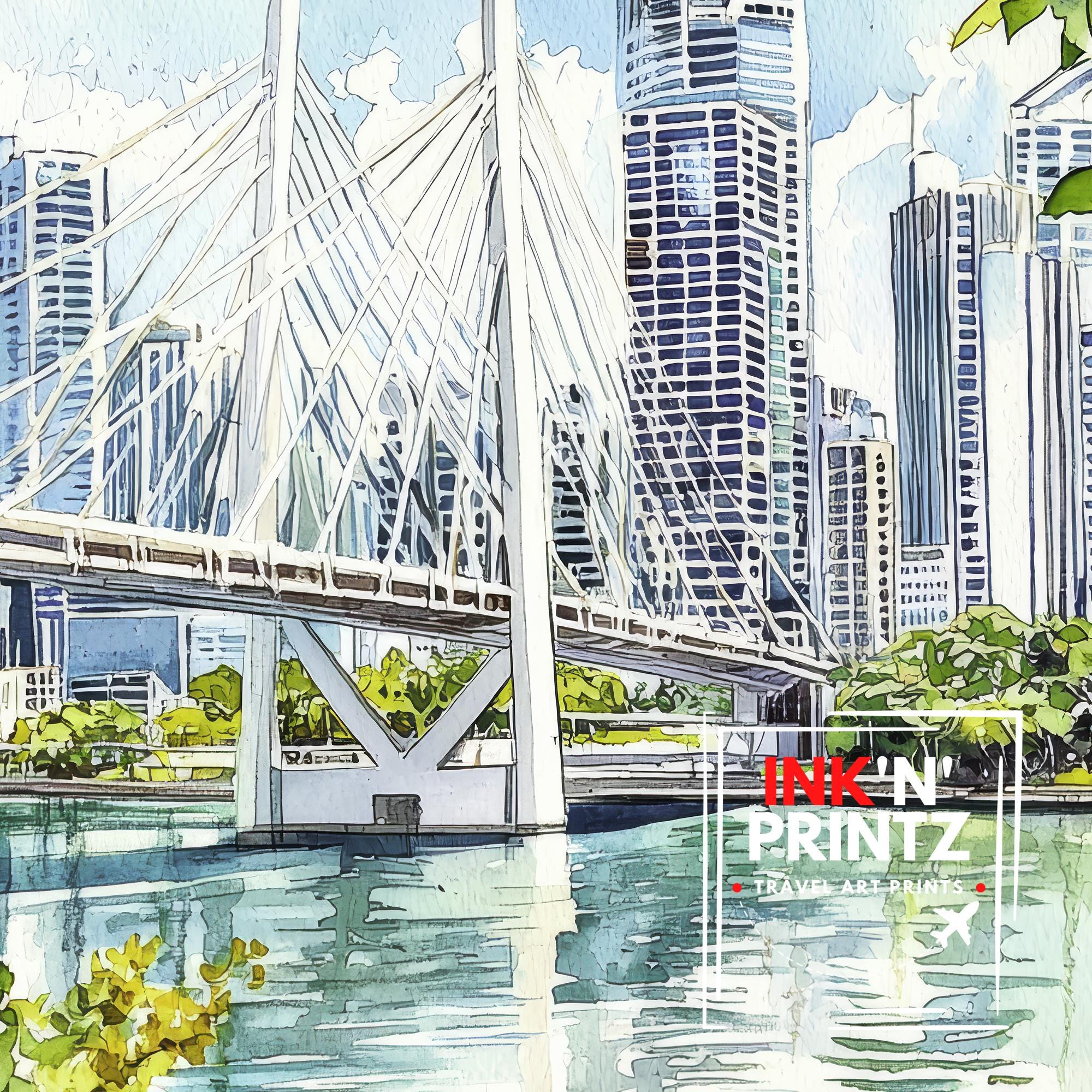 Brisbane River Watercolor Painting Australia Cityscape Art Print Story Bridge Queensland Decor Gift for Australia Lovers