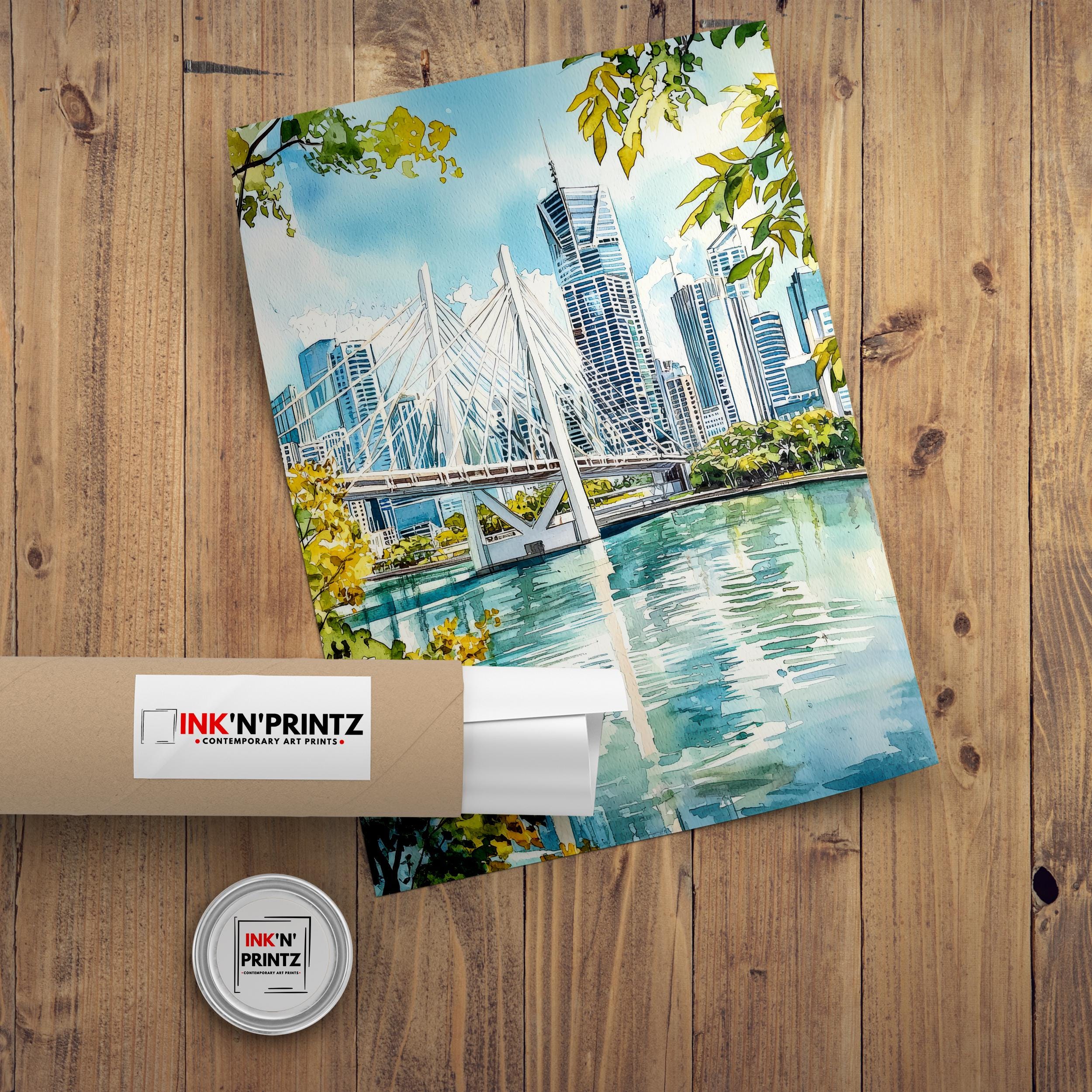 Brisbane River Watercolor Painting Australia Cityscape Art Print Story Bridge Queensland Decor Gift for Australia Lovers