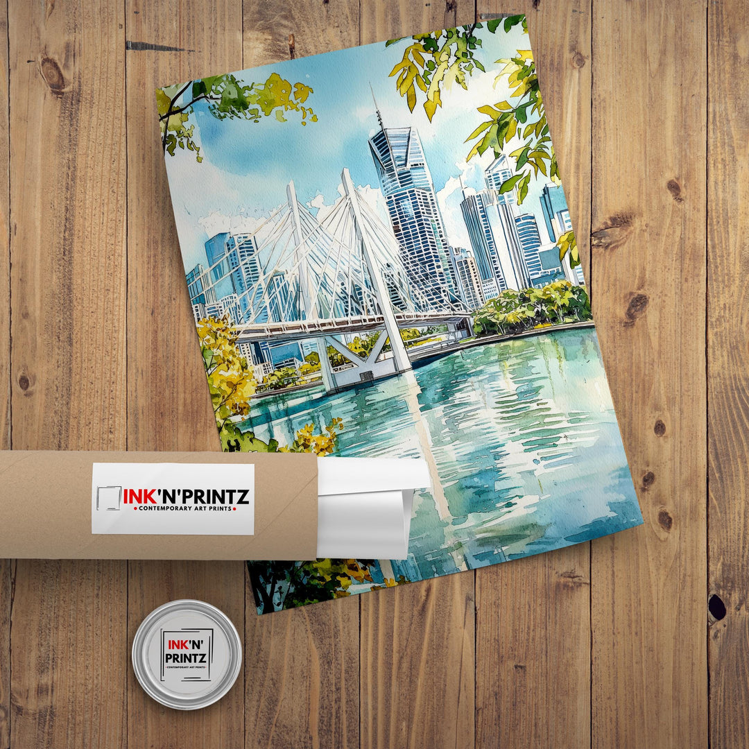 Brisbane River Watercolor Painting Australia Cityscape Art Print Story Bridge Queensland Decor Gift for Australia Lovers