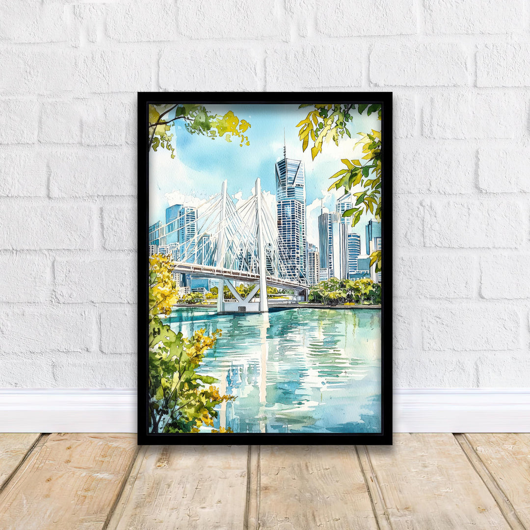 Brisbane River Watercolor Painting Australia Cityscape Art Print Story Bridge Queensland Decor Gift for Australia Lovers
