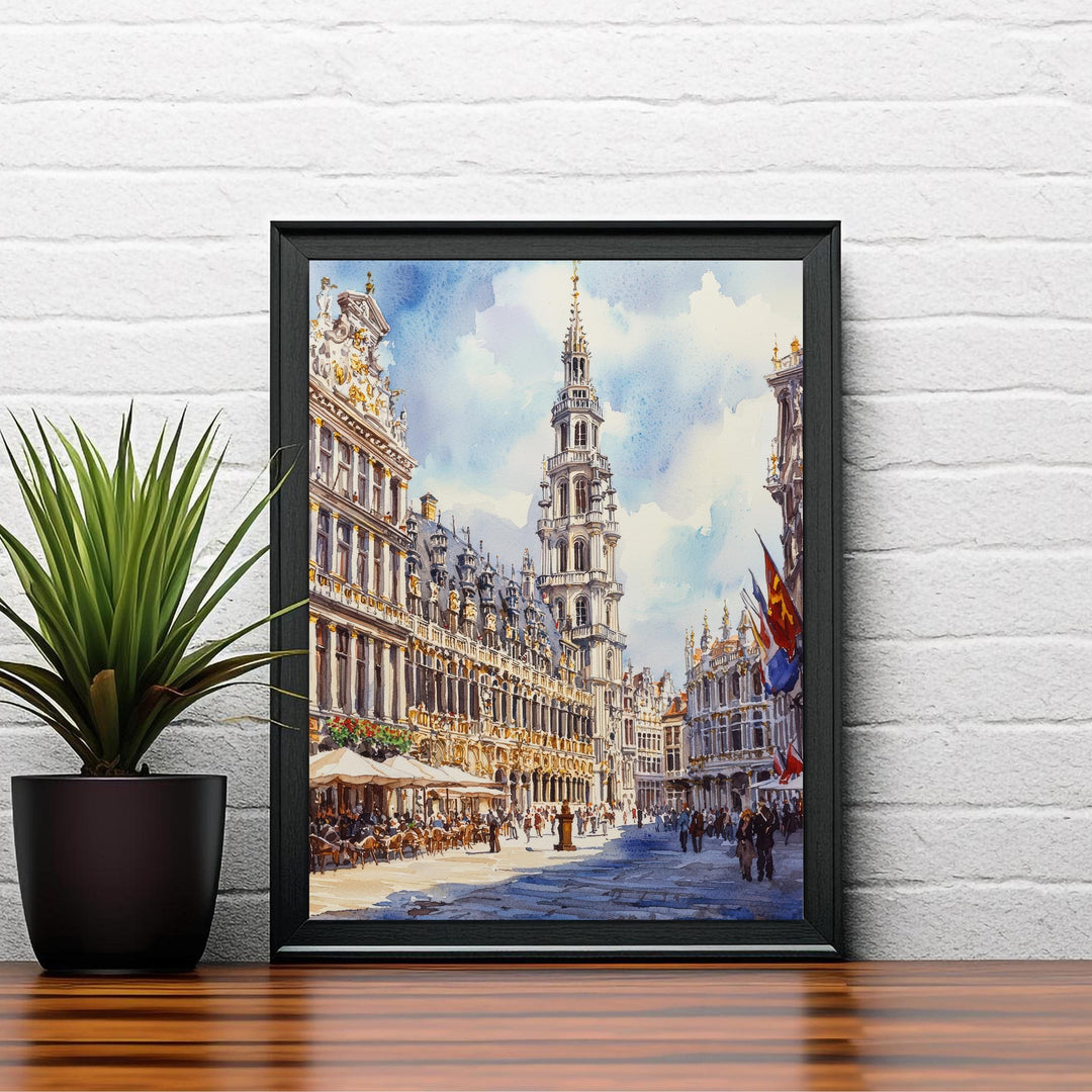 Brussels Grand-Place Watercolor Painting Belgium Cityscape Art Print European Travel Decor Gift for Belgium Lovers