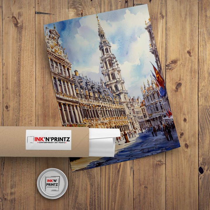 Brussels Grand-Place Watercolor Painting Belgium Cityscape Art Print European Travel Decor Gift for Belgium Lovers