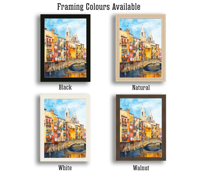 Girona Spain Watercolor Painting Colorful Houses on the Onyar River Art Print Catalan Cityscape Medieval Travel Decor