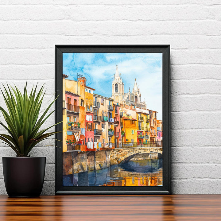 Girona Spain Watercolor Painting Colorful Houses on the Onyar River Art Print Catalan Cityscape Medieval Travel Decor