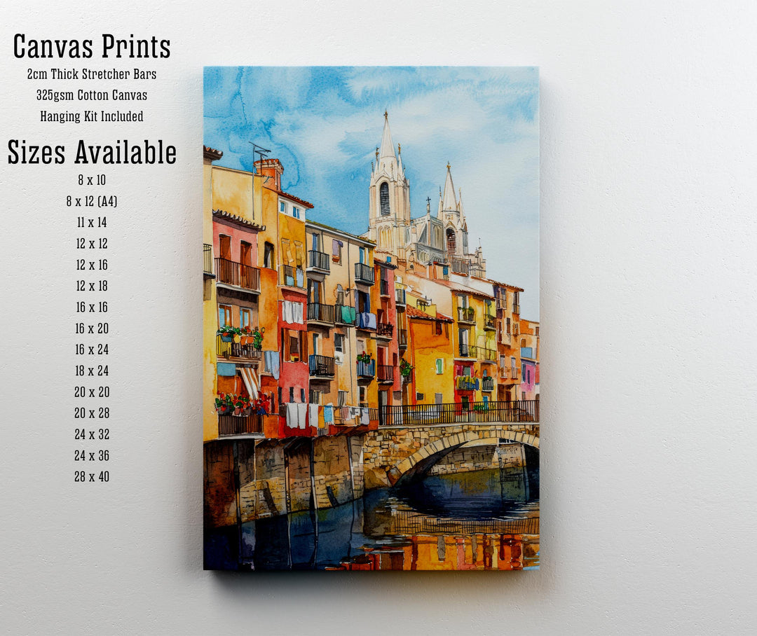Girona Spain Watercolor Painting Colorful Houses on the Onyar River Art Print Catalan Cityscape Medieval Travel Decor