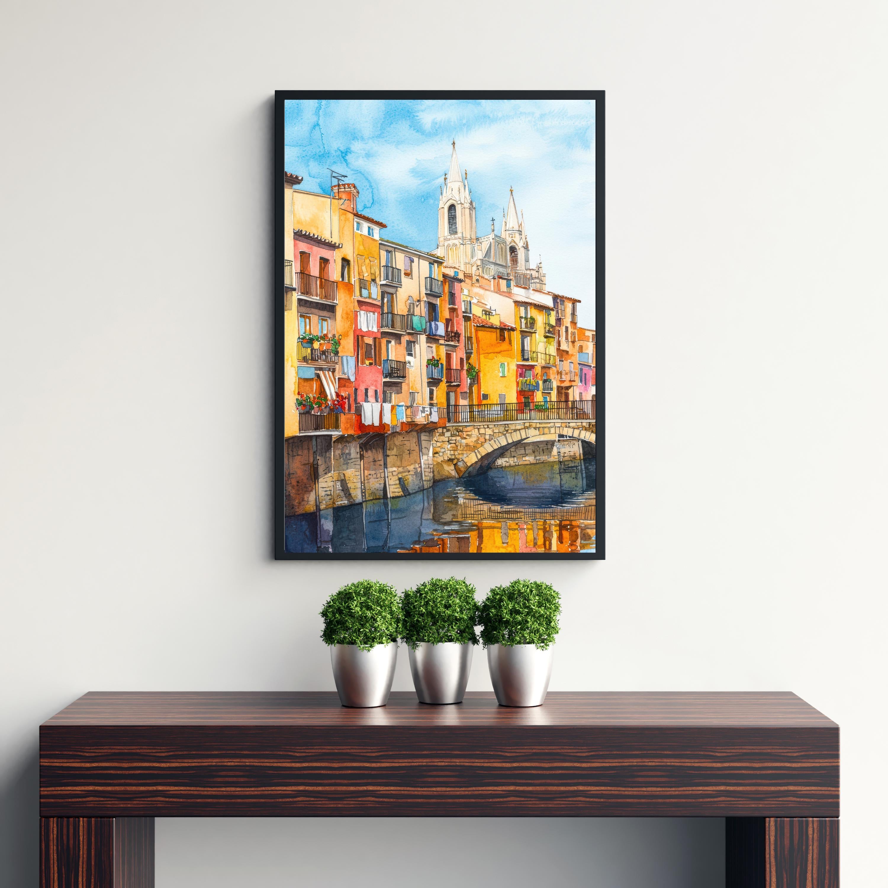 Girona Spain Watercolor Painting Colorful Houses on the Onyar River Art Print Catalan Cityscape Medieval Travel Decor