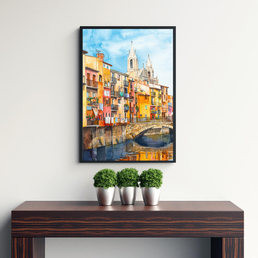 Girona Spain Watercolor Painting Colorful Houses on the Onyar River Art Print Catalan Cityscape Medieval Travel Decor