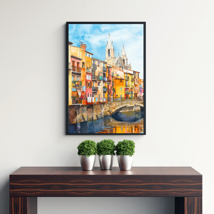 Girona Spain Watercolor Painting Colorful Houses on the Onyar River Art Print Catalan Cityscape Medieval Travel Decor