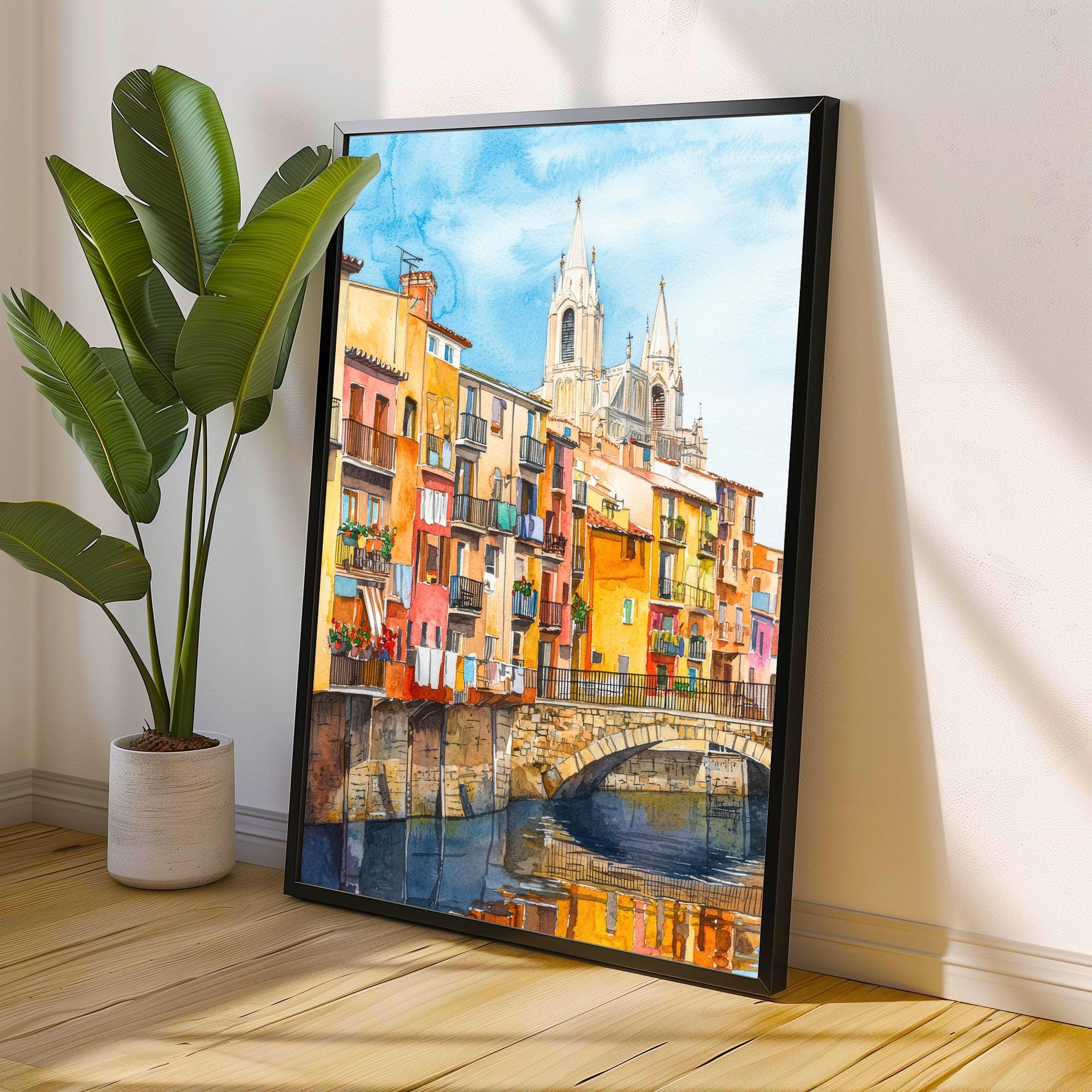 Girona Spain Watercolor Painting Colorful Houses on the Onyar River Art Print Catalan Cityscape Medieval Travel Decor