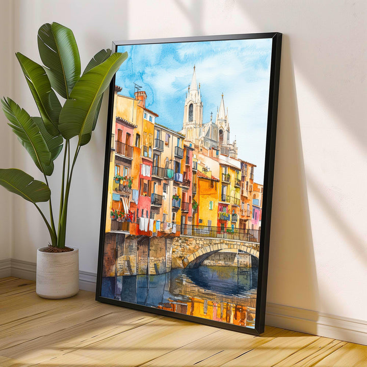 Girona Spain Watercolor Painting Colorful Houses on the Onyar River Art Print Catalan Cityscape Medieval Travel Decor