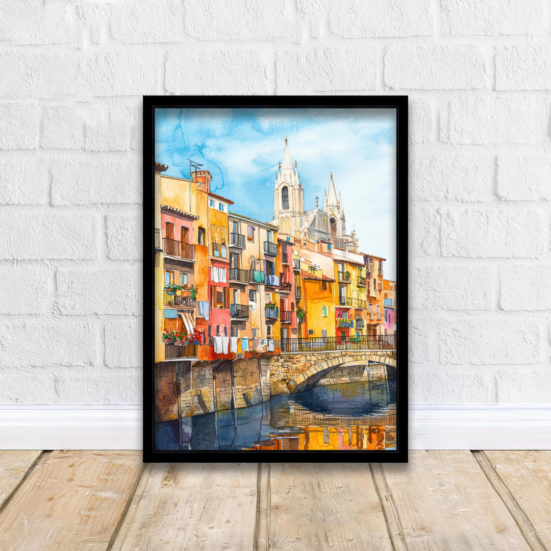 Girona Spain Watercolor Painting Colorful Houses on the Onyar River Art Print Catalan Cityscape Medieval Travel Decor