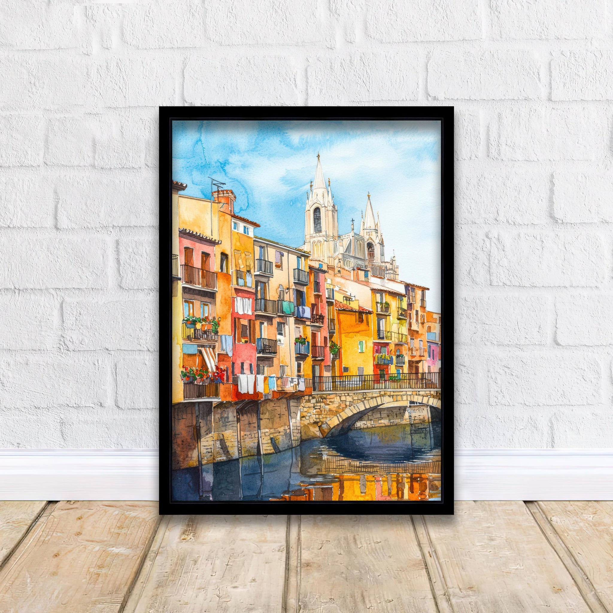 Girona Spain Watercolor Painting Colorful Houses on the Onyar River Art Print Catalan Cityscape Medieval Travel Decor