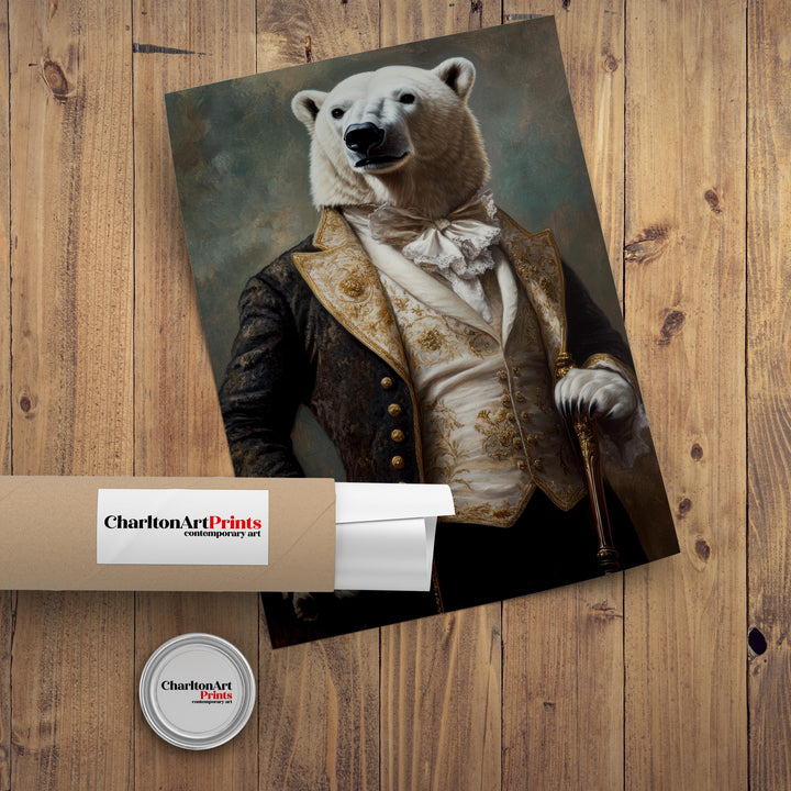 Polar Bear Portrait Poster Regal Animal Art Vintage Winter Illustration Humorous Wall Decor Nature Lover Gift