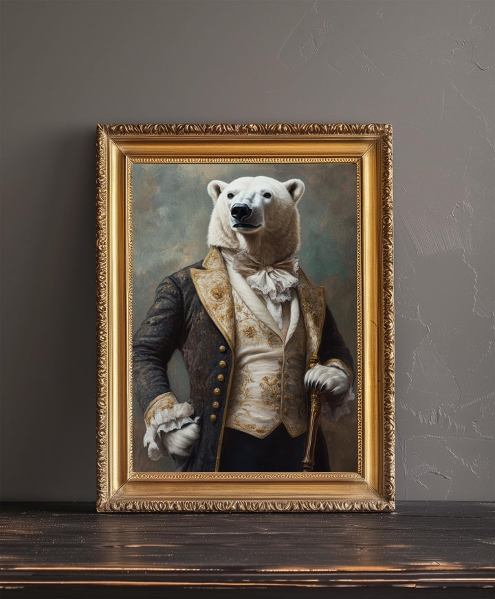 Polar Bear Portrait Poster Regal Animal Art Vintage Winter Illustration Humorous Wall Decor Nature Lover Gift