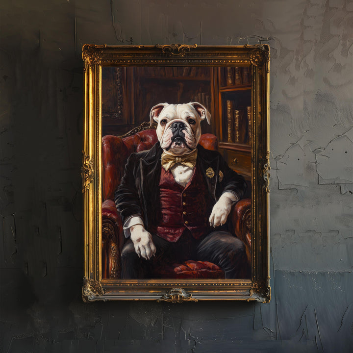 Bulldog Portrait Poster Dark Academia Decor Vintage Animal Illustration Professor Wall Art Dog Lover Gift