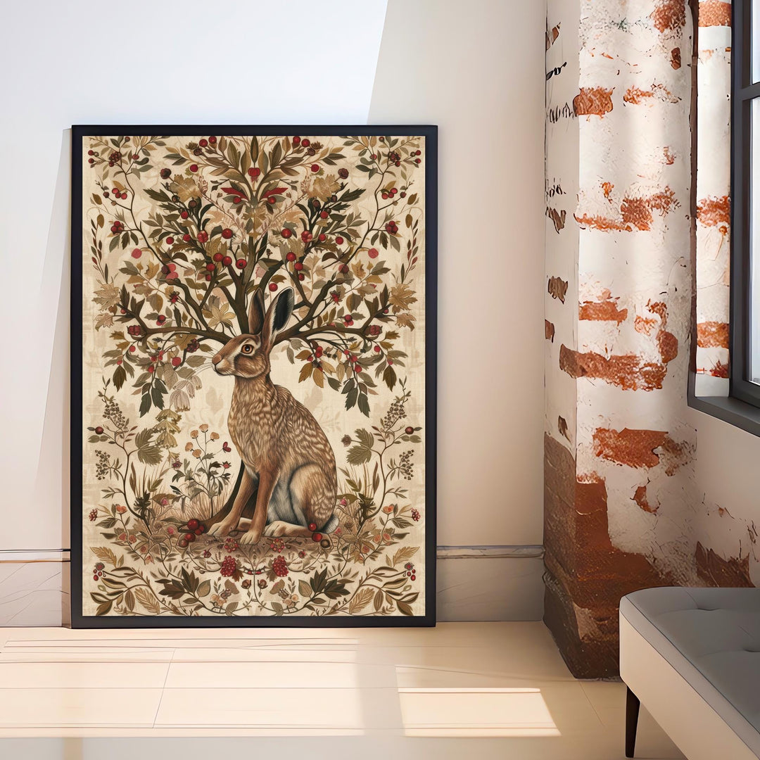 Hare and Hawthorn Tree Poster William Morris Style Cottagecore Art Vintage Nature Illustration Rustic Decor