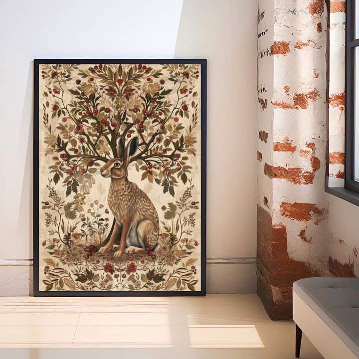 Hare and Hawthorn Tree Poster William Morris Style Cottagecore Art Vintage Nature Illustration Rustic Decor