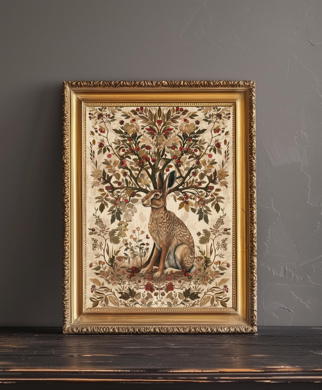 Hare and Hawthorn Tree Poster William Morris Style Cottagecore Art Vintage Nature Illustration Rustic Decor