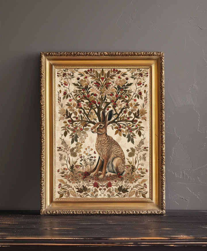 Hare and Hawthorn Tree Poster William Morris Style Cottagecore Art Vintage Nature Illustration Rustic Decor