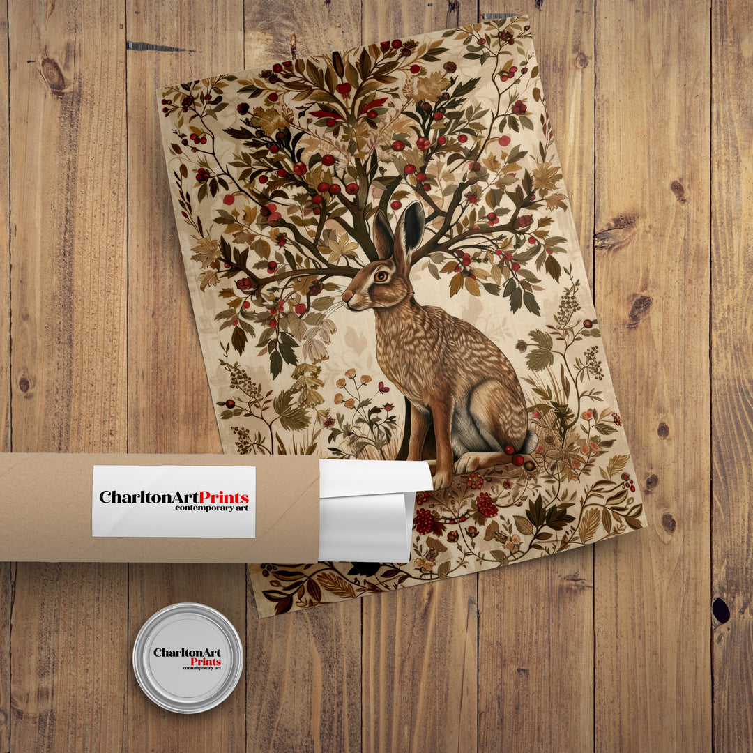 Hare and Hawthorn Tree Poster William Morris Style Cottagecore Art Vintage Nature Illustration Rustic Decor
