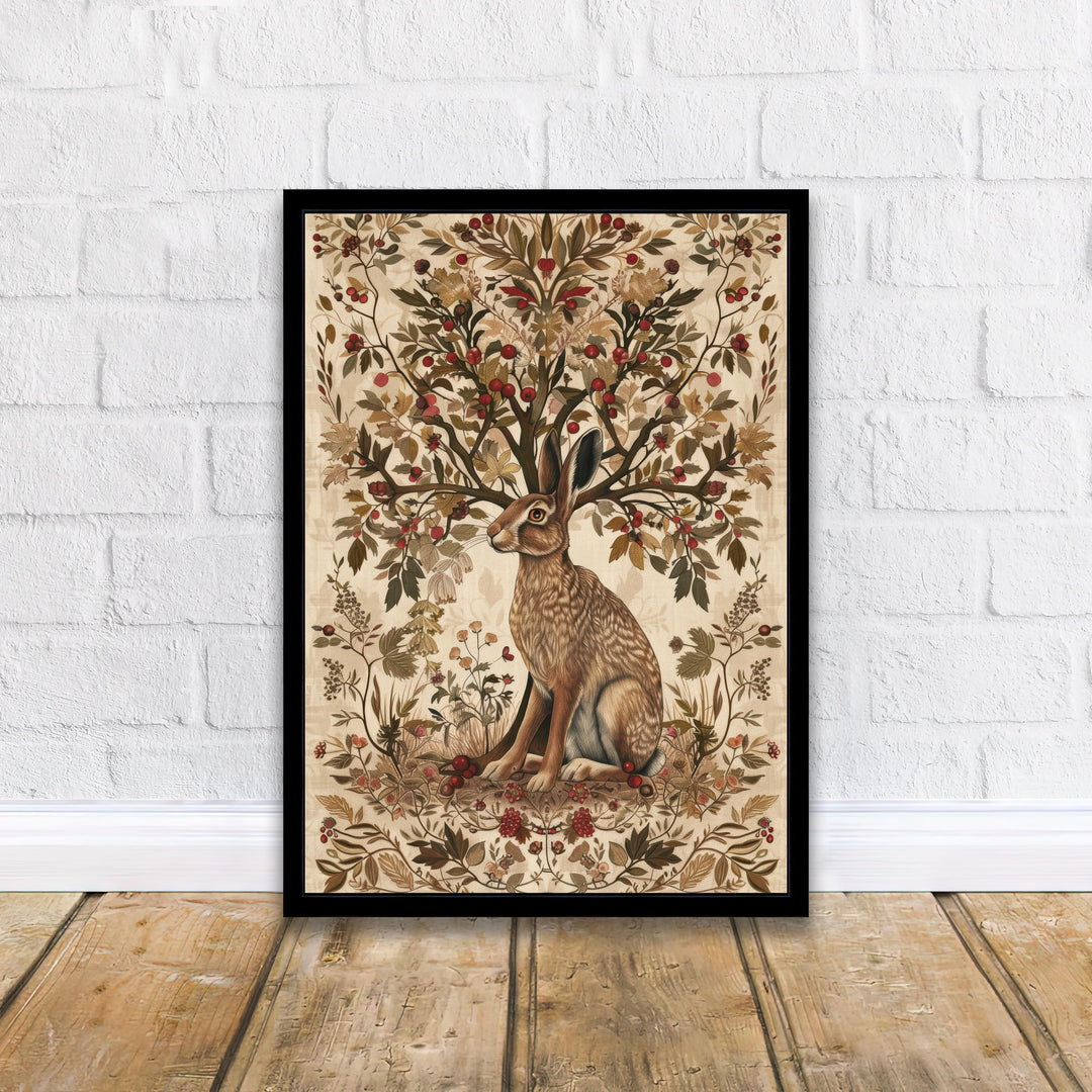 Hare and Hawthorn Tree Poster William Morris Style Cottagecore Art Vintage Nature Illustration Rustic Decor
