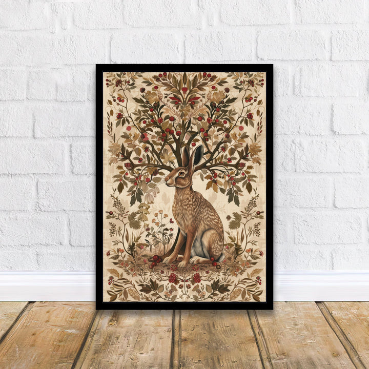Hare and Hawthorn Tree Poster William Morris Style Cottagecore Art Vintage Nature Illustration Rustic Decor