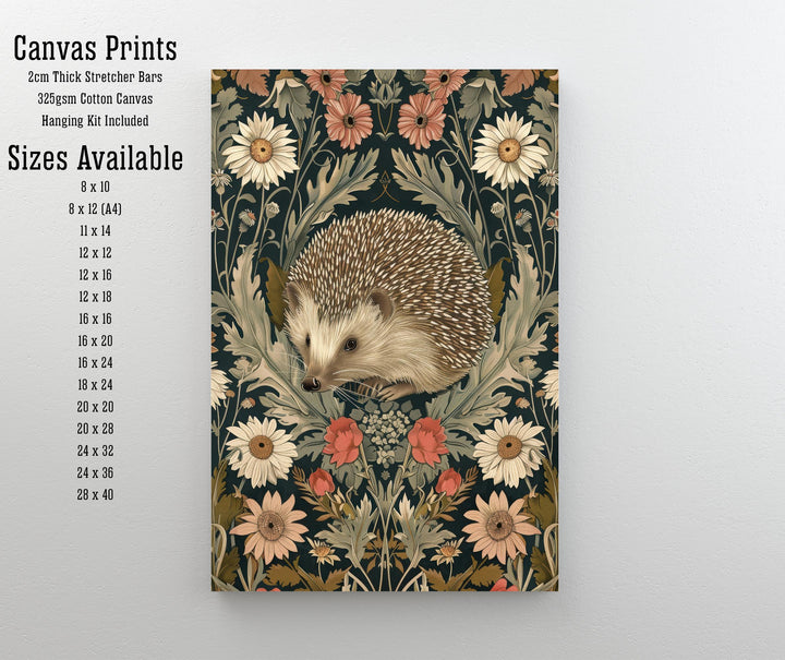 Hedgehog in a Floral Pattern Poster William Morris Style Cottagecore Art Vintage Nature Illustration Rustic Decor