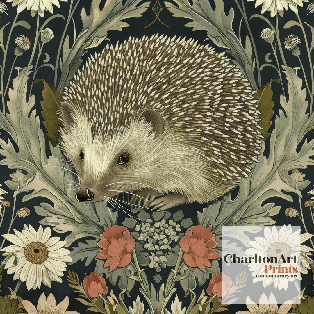 Hedgehog in a Floral Pattern Poster William Morris Style Cottagecore Art Vintage Nature Illustration Rustic Decor