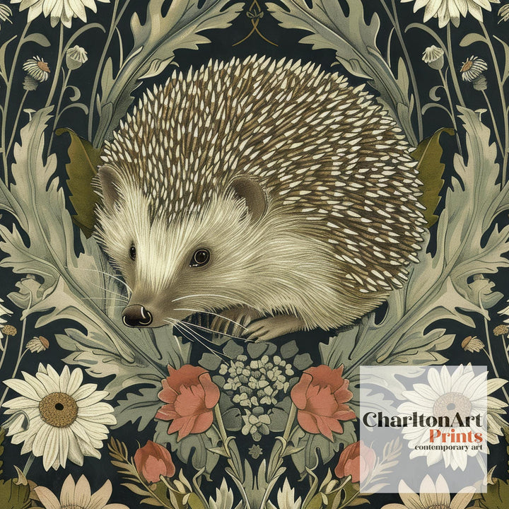Hedgehog in a Floral Pattern Poster William Morris Style Cottagecore Art Vintage Nature Illustration Rustic Decor