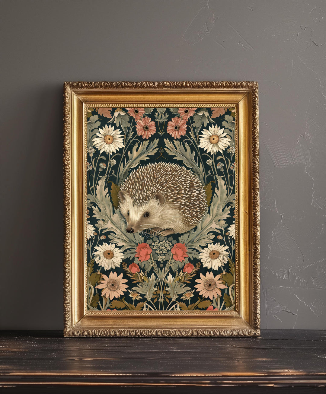 Hedgehog in a Floral Pattern Poster William Morris Style Cottagecore Art Vintage Nature Illustration Rustic Decor
