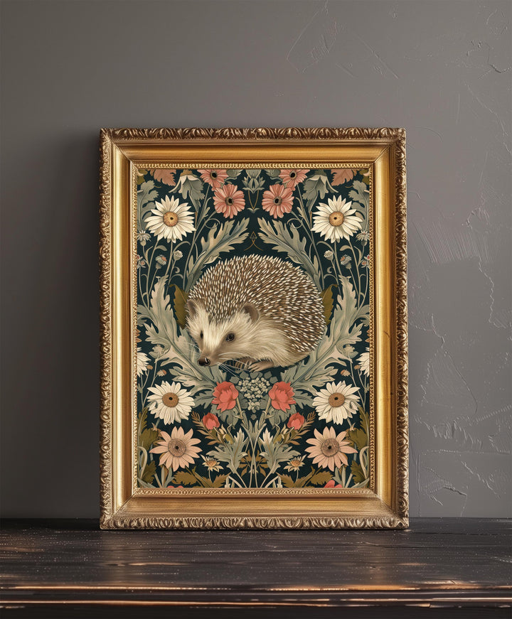 Hedgehog in a Floral Pattern Poster William Morris Style Cottagecore Art Vintage Nature Illustration Rustic Decor