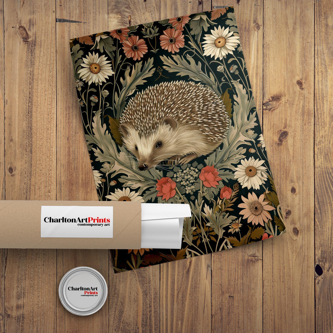 Hedgehog in a Floral Pattern Poster William Morris Style Cottagecore Art Vintage Nature Illustration Rustic Decor