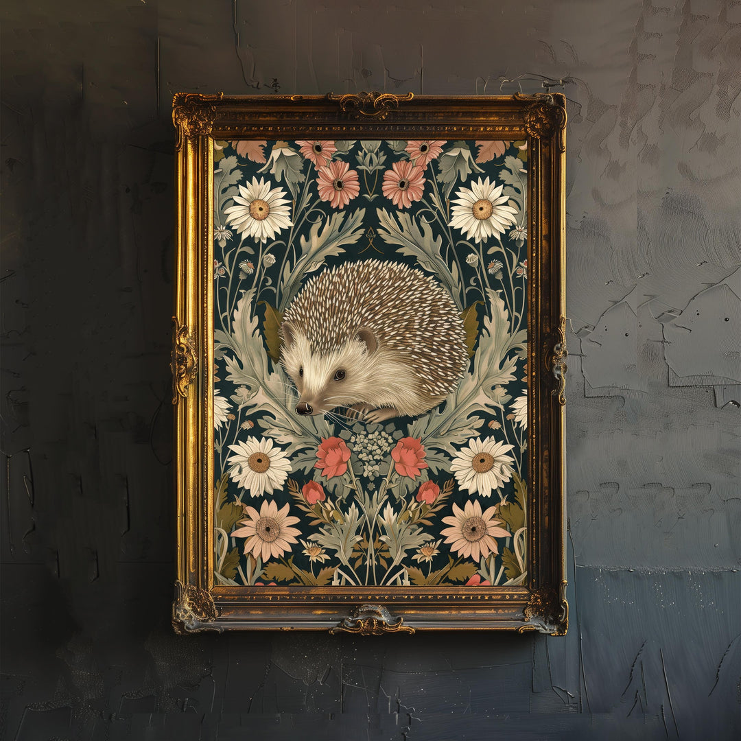 Hedgehog in a Floral Pattern Poster William Morris Style Cottagecore Art Vintage Nature Illustration Rustic Decor