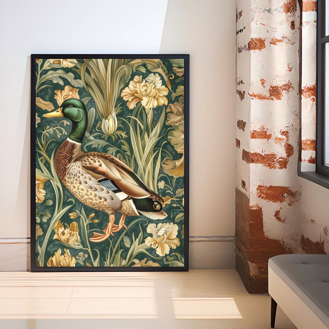 Mallard in a Floral Pattern Poster William Morris Style Cottagecore Art Vintage Nature Illustration Rustic Decor