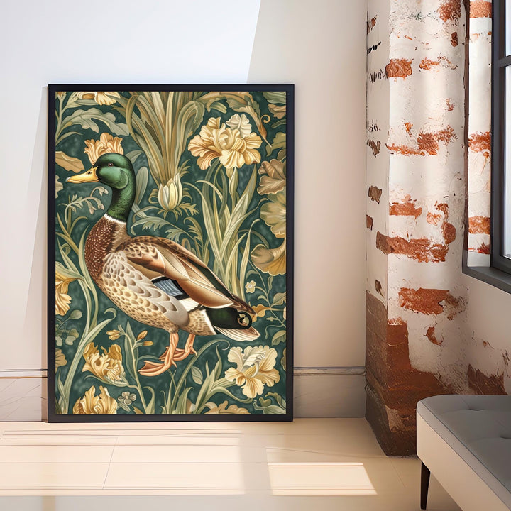 Mallard in a Floral Pattern Poster William Morris Style Cottagecore Art Vintage Nature Illustration Rustic Decor