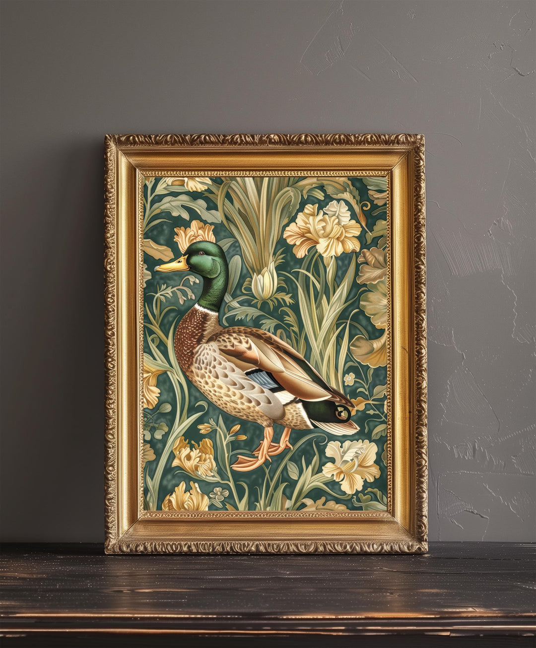 Mallard in a Floral Pattern Poster William Morris Style Cottagecore Art Vintage Nature Illustration Rustic Decor