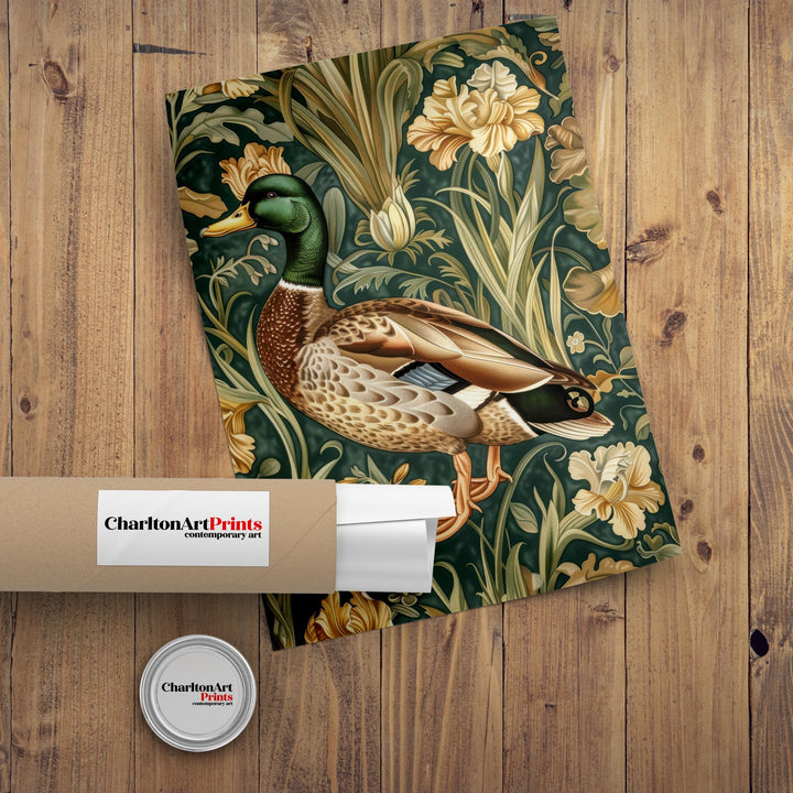 Mallard in a Floral Pattern Poster William Morris Style Cottagecore Art Vintage Nature Illustration Rustic Decor