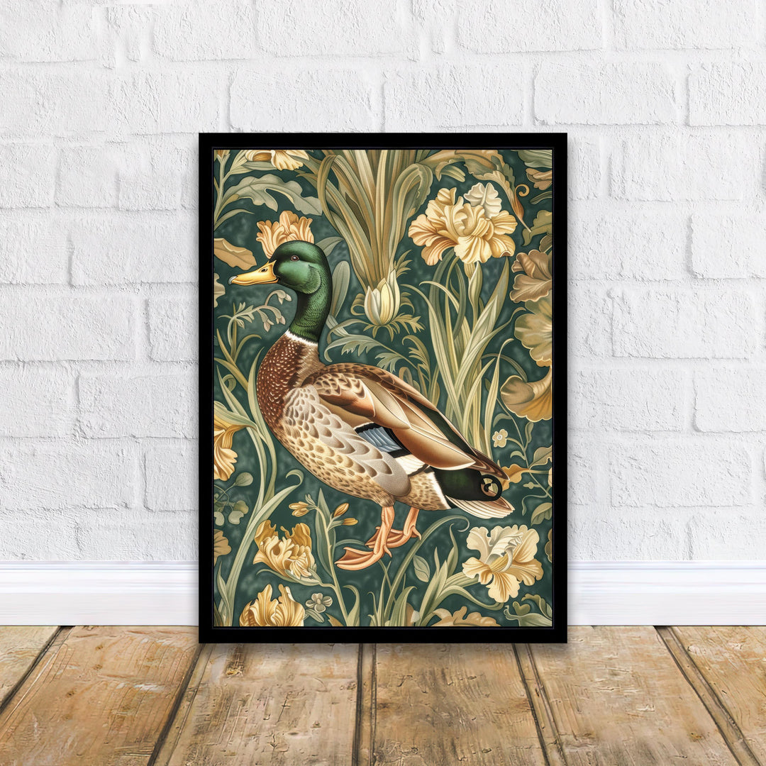 Mallard in a Floral Pattern Poster William Morris Style Cottagecore Art Vintage Nature Illustration Rustic Decor