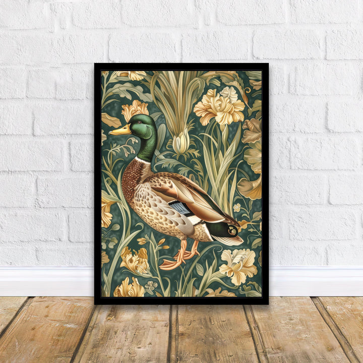 Mallard in a Floral Pattern Poster William Morris Style Cottagecore Art Vintage Nature Illustration Rustic Decor