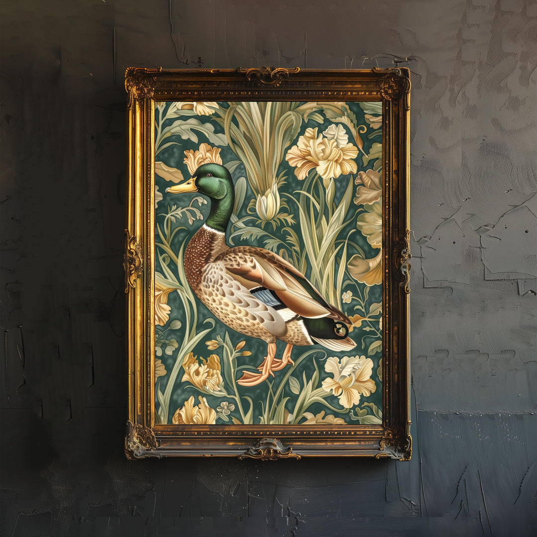 Mallard in a Floral Pattern Poster William Morris Style Cottagecore Art Vintage Nature Illustration Rustic Decor