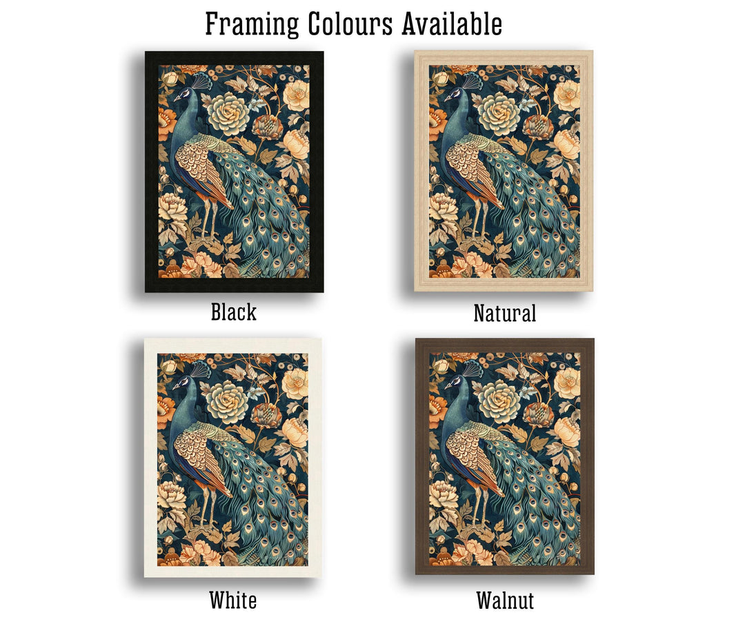 Peacock in a Floral Pattern Poster William Morris Style Cottagecore Art Vintage Nature Illustration Rustic Decor