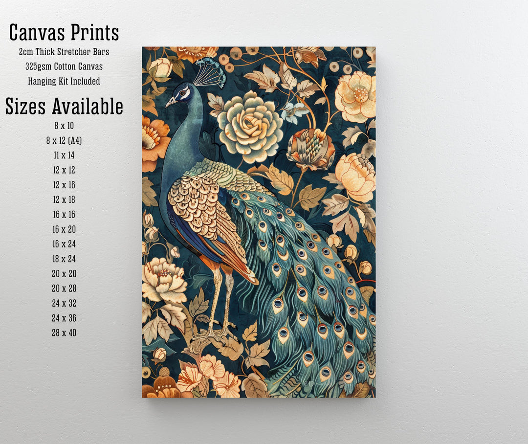 Peacock in a Floral Pattern Poster William Morris Style Cottagecore Art Vintage Nature Illustration Rustic Decor
