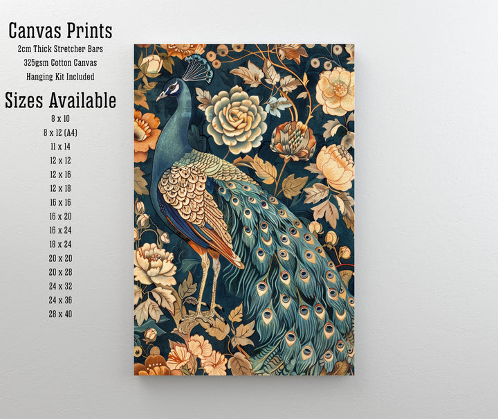 Peacock in a Floral Pattern Poster William Morris Style Cottagecore Art Vintage Nature Illustration Rustic Decor