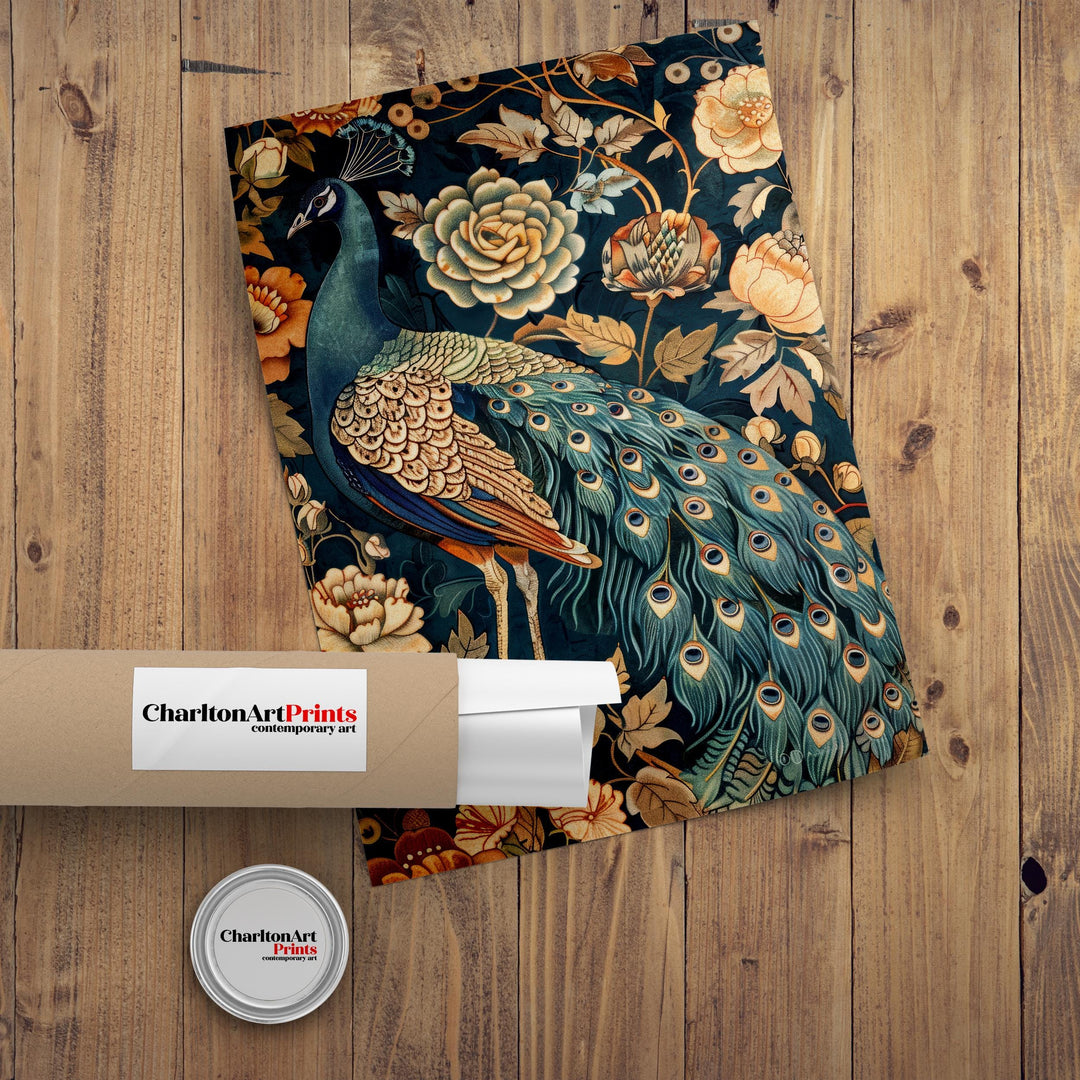 Peacock in a Floral Pattern Poster William Morris Style Cottagecore Art Vintage Nature Illustration Rustic Decor