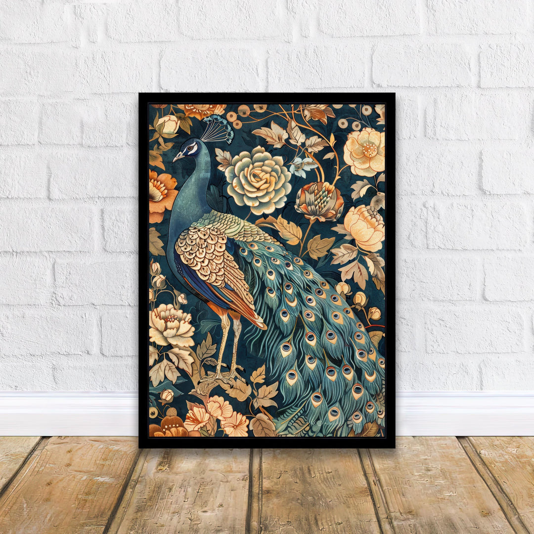 Peacock in a Floral Pattern Poster William Morris Style Cottagecore Art Vintage Nature Illustration Rustic Decor