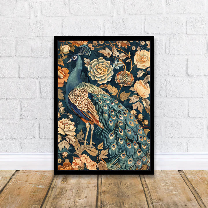 Peacock in a Floral Pattern Poster William Morris Style Cottagecore Art Vintage Nature Illustration Rustic Decor