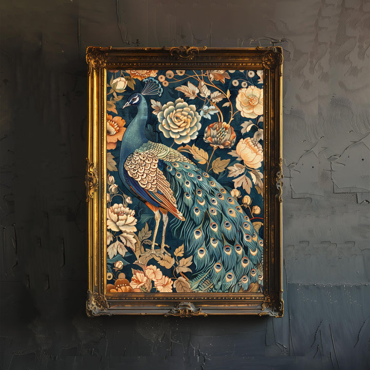 Peacock in a Floral Pattern Poster William Morris Style Cottagecore Art Vintage Nature Illustration Rustic Decor
