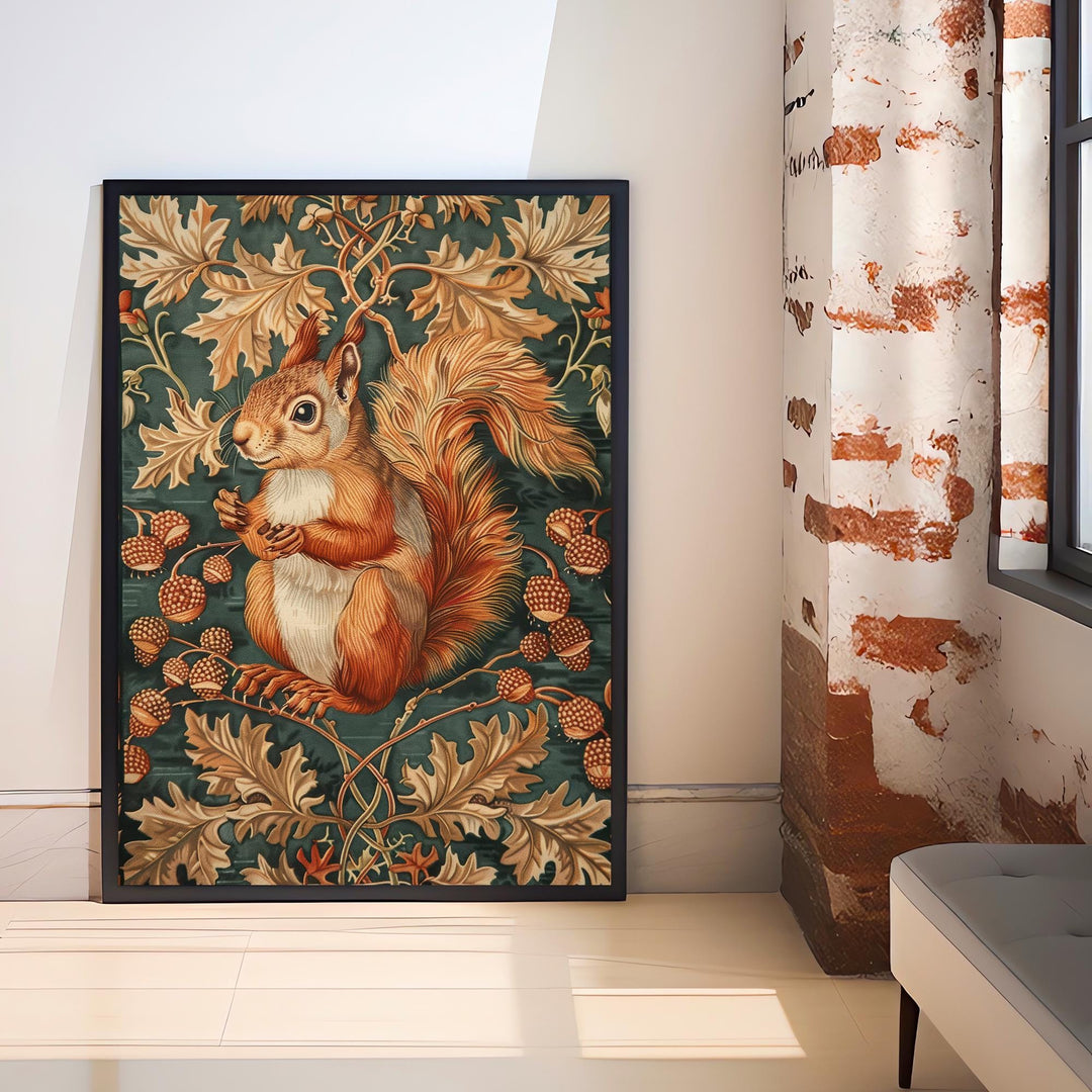 Red Squirrel in a Floral Pattern Poster William Morris Style Cottagecore Art Vintage Nature Illustration Rustic Decor